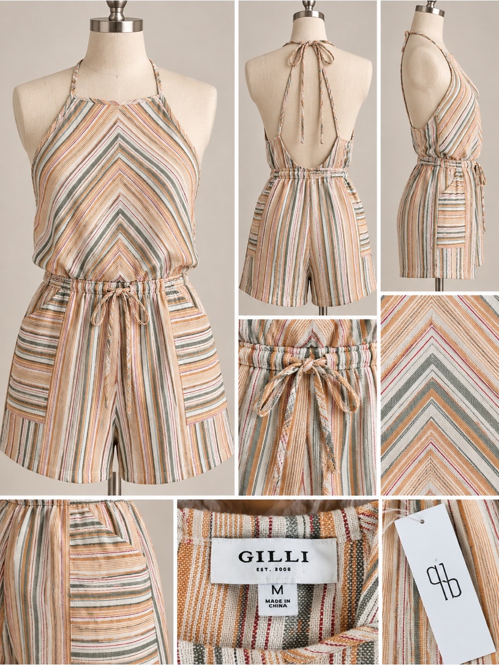 Gilli Striped Halter Romper in Beige, Cream, Green and Peach